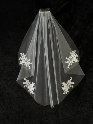 Flutter Cut Lace Applique Fingertip Wedding Veil V6922