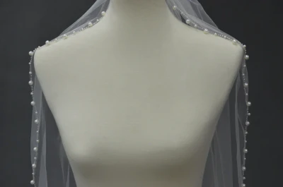Cascade Waltz Length Wedding Veil with Beaded Pearl Edge E1648