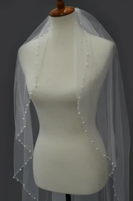 Cascade Waltz Length Wedding Veil with Beaded Pearl Edge E1648