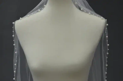 Cascade Waltz Length Wedding Veil with Beaded Pearl Edge E1648