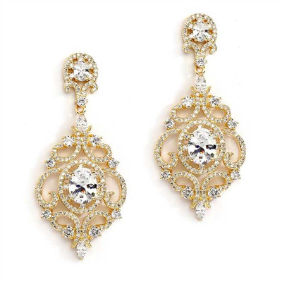 Gold Victorian Scrolls CZ Wedding Earrings Clip On