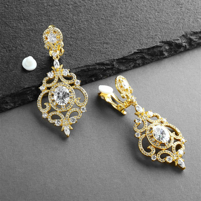 Gold Victorian Scrolls CZ Wedding Earrings Clip On