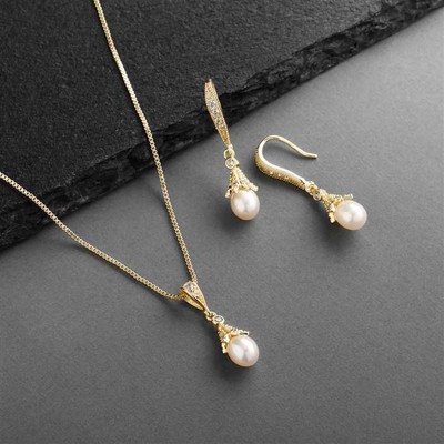 14K Gold Plated Bridal Jewelry Set with Freshwater Pearls