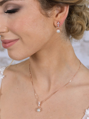 Pearl and CZ Drop Rose Gold Wedding Jewelry