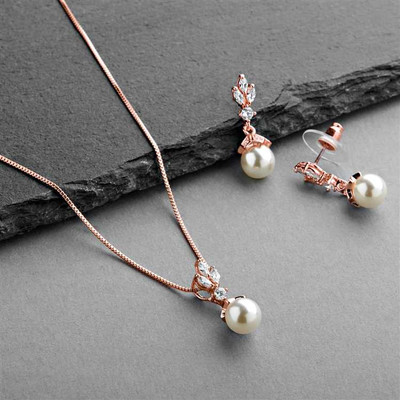 Pearl and CZ Drop Rose Gold Wedding Jewelry