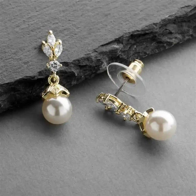 Ivory Pearl and CZ Drop Gold Bridal Jewelry Set