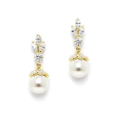 Ivory Pearl and CZ Drop Gold Bridal Jewelry Set