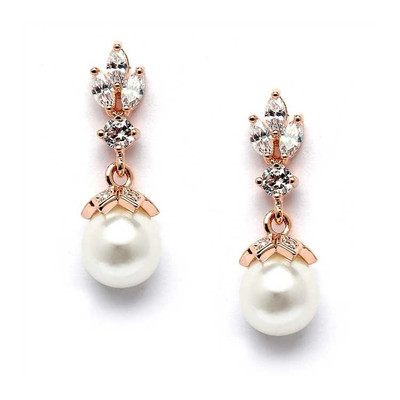 14K Rose Gold Plated CZ Trio and Pearl Drop Wedding Earrings
