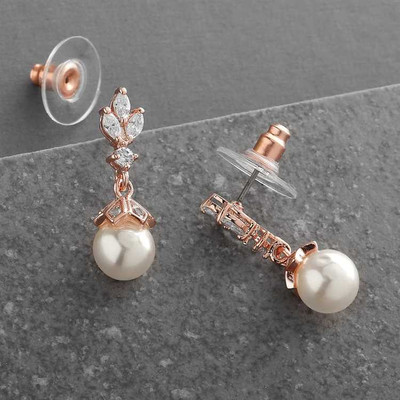 14K Rose Gold Plated CZ Trio and Pearl Drop Wedding Earrings