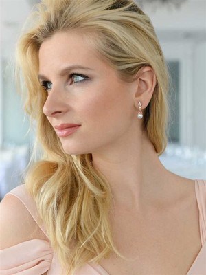 14K Rose Gold Plated CZ Trio and Pearl Drop Wedding Earrings