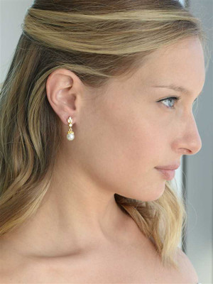 14K Gold Plated CZ Trio and Pearl Drop Wedding Earrings