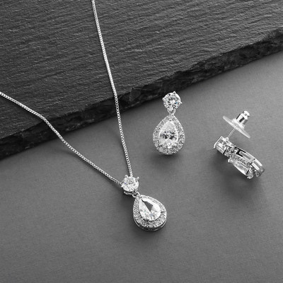 Silver Plated CZ Halo Pear Shaped Bridal Jewelry Set