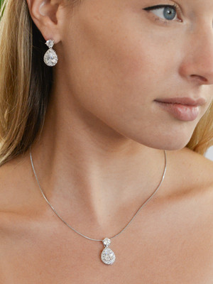 Silver Plated CZ Halo Pear Shaped Bridal Jewelry Set