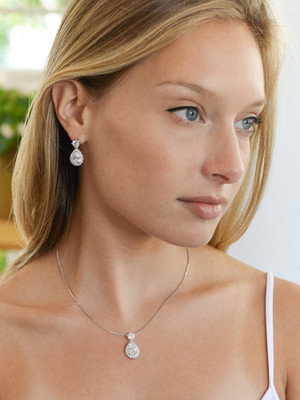 Silver Plated CZ Halo Pear Shaped Bridal Jewelry Set
