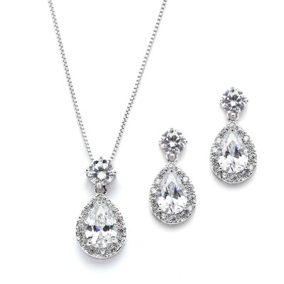Silver Plated CZ Halo Pear Shaped Bridal Jewelry Set