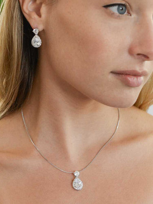 Silver Plated CZ Halo Pear Shaped Bridal Jewelry Set
