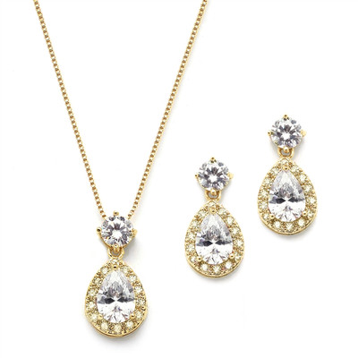 14K Gold Plated CZ Halo Pear Shaped Bridal Jewelry Set