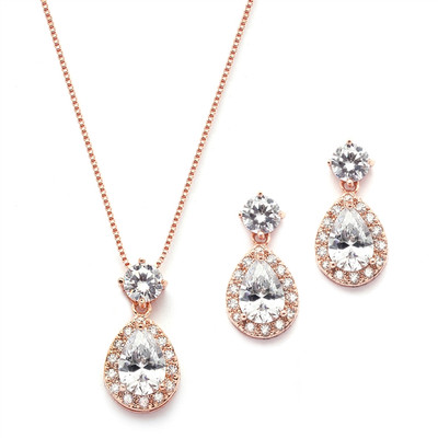 14K Rose Gold Plated CZ Halo Pear Shaped Bridal Jewelry Set