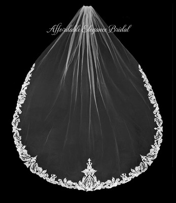 Elegant Cathedral Wedding Veil with Beaded Lace Edge