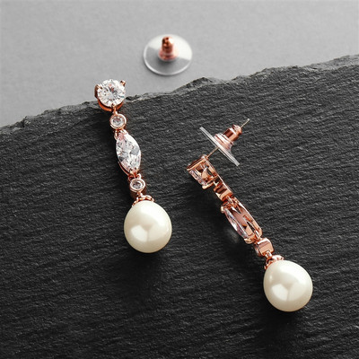 14K Rose Gold CZ and Ivory Pearl Wedding Drop Earrings