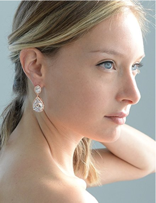 Couture Rose Gold CZ Drop Bridal Earrings 2074E - Clip On