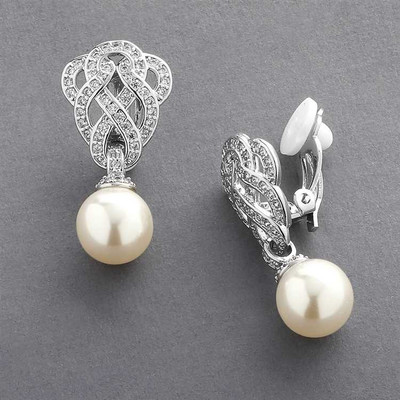 Braided CZ and Soft Cream Pearl Bridal Earrings - Clip On