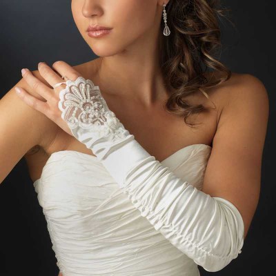 Elegant Satin and Beaded Lace Fingerless Bridal Gloves