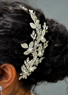 Crystal and Pearl Leaf Vine Bridal Hair Clip Elena E2886