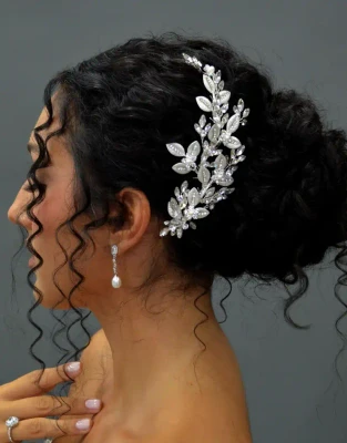 Crystal and Pearl Leaf Vine Bridal Hair Clip Elena E2886