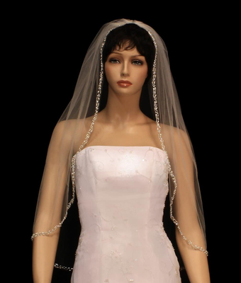 Fingertip Length Beaded Pearl and Sequin Edge Wedding Veil