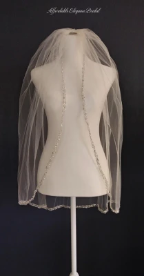 White Fingertip Length Beaded Pearl & Sequin Wedding Veil