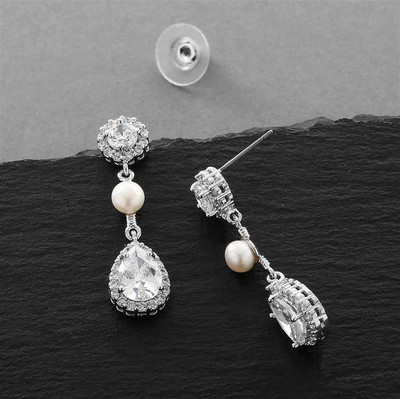 Freshwater Pearl and CZ Drop Bridal Earrings 4493E