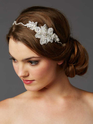 Crystal Bridal Ribbon Headband with Beaded European Lace