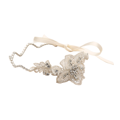 Crystal Bridal Ribbon Headband with Beaded European Lace