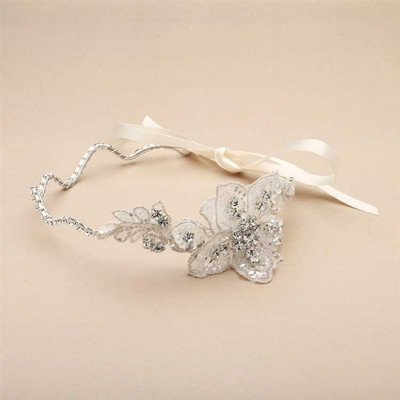 Crystal Bridal Ribbon Headband with Beaded European Lace