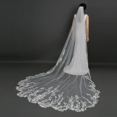 Scalloped Regal Cathedral Wedding Veil with Floral Vine Lace