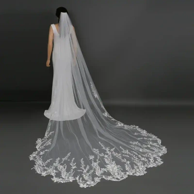 Scalloped Regal Cathedral Wedding Veil with Floral Vine Lace