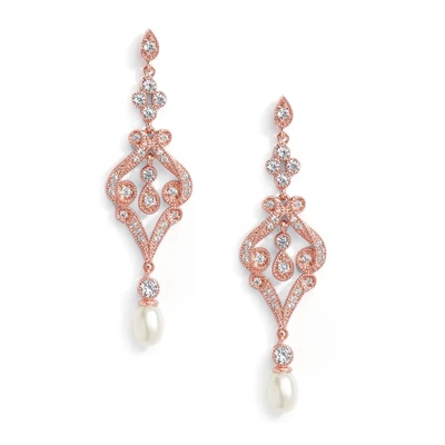 Rose Gold Vintage CZ Scroll Bridal Earrings with Freshwater Pearl 