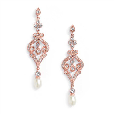 Rose Gold Vintage CZ Scroll Bridal Earrings-Freshwater Pearl
