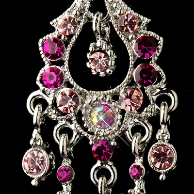 Pink 3 1/4" long Chandelier Formal Earrings in Antique Silver