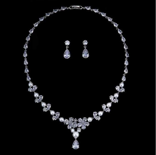 Pearl and 5A CZ Platinum Silver Plated Wedding Jewelry Set