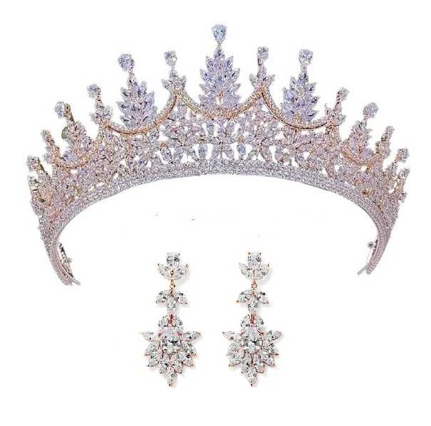 Rose Gold CZ Wedding and Quinceanera Tiara with Earrings display picture 2