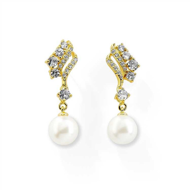 Gold CZ and Pearl Bridal Earrings Pierced or Clip