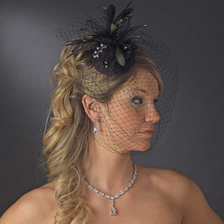 Black Birdcage Veil and Hat with Feathers and Crystals
