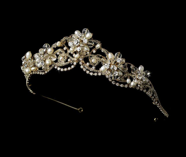 Couture Gold Plated Freshwater Pearl and Crystal Bridal Tiara