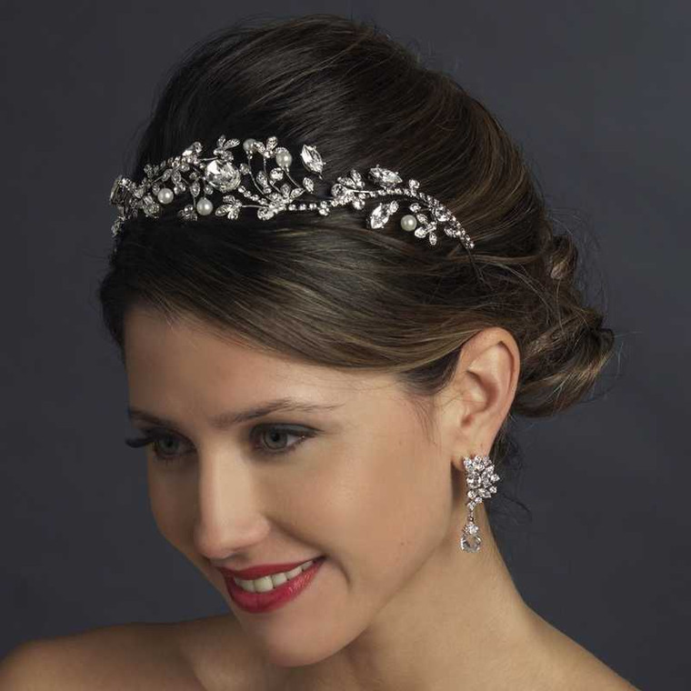 Diamond White Pearl and Crystal Wedding Tiara Headband