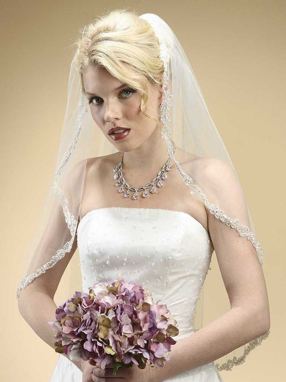 Beaded Lace Edge Waist Length Wedding Veil