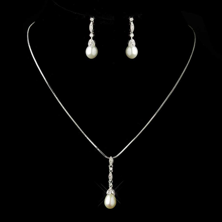 Diamond White Pearl and CZ Antique Silver Bridal Jewelry Set