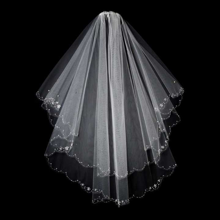 Two Layer Floral Beaded Fingertip Wedding Veil