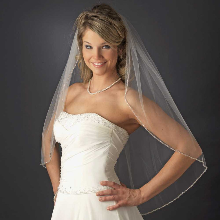 Delicately Beaded Pearl Edge Fingertip Length Wedding Veil